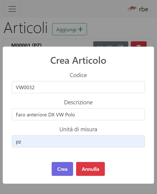 vista creazione articoli