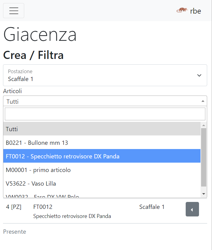 vista giacenza articoli